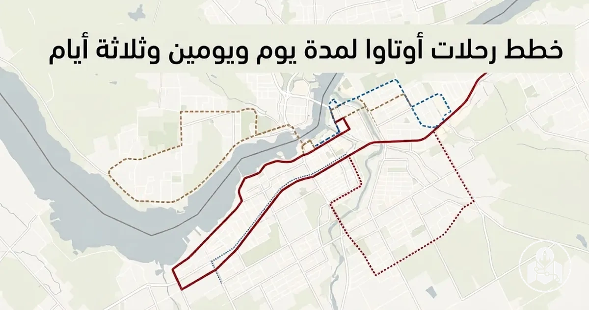 خريطة لأوتاوا توضح مسارات لرحلات لمدة يوم ويومين وثلاثة أيام
