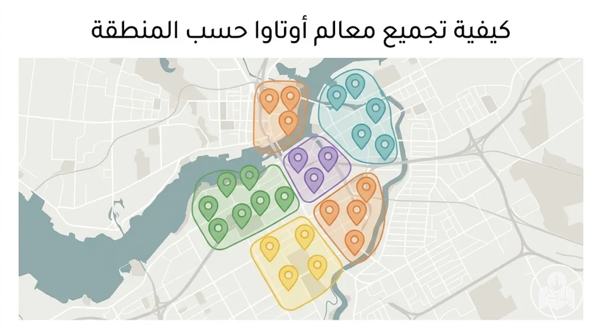 معالم أوتاوا مجمعة حسب المناطق السياحية القريبة على خريطة المدينة