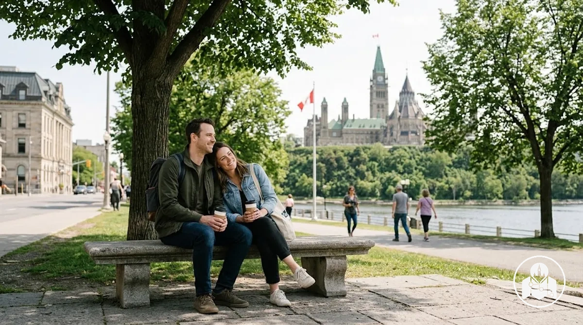Paar macht eine entspannte Pause zwischen Sightseeing-Stationen in Ottawa.