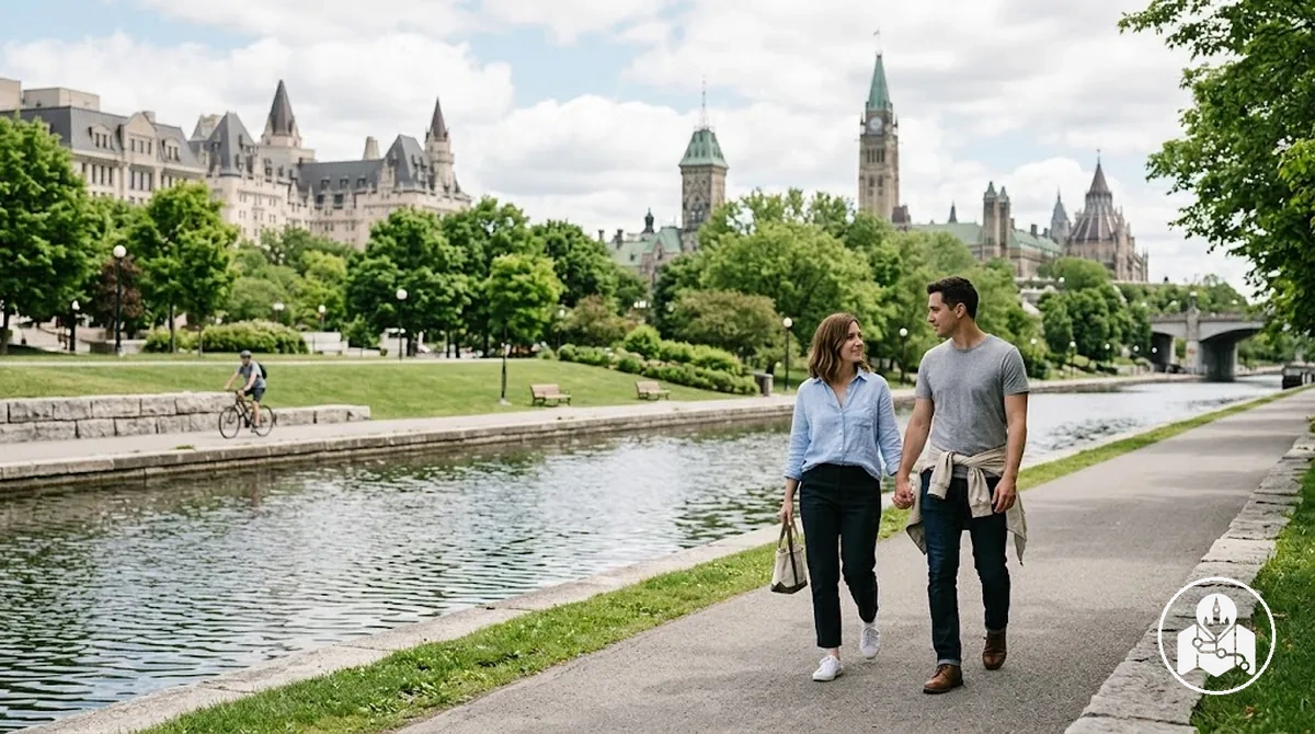 Paar genießt ein Gewässer oder einen Park in Ottawa bei einem Städtetrip.