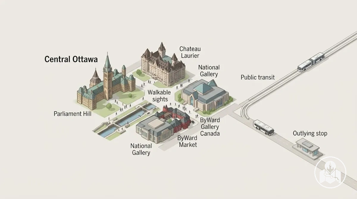 Zentrale Ottawa-Besichtigungsgebiete, verbunden durch Fußwege und öffentliche Verkehrsmittel für einen autofreien Besuch