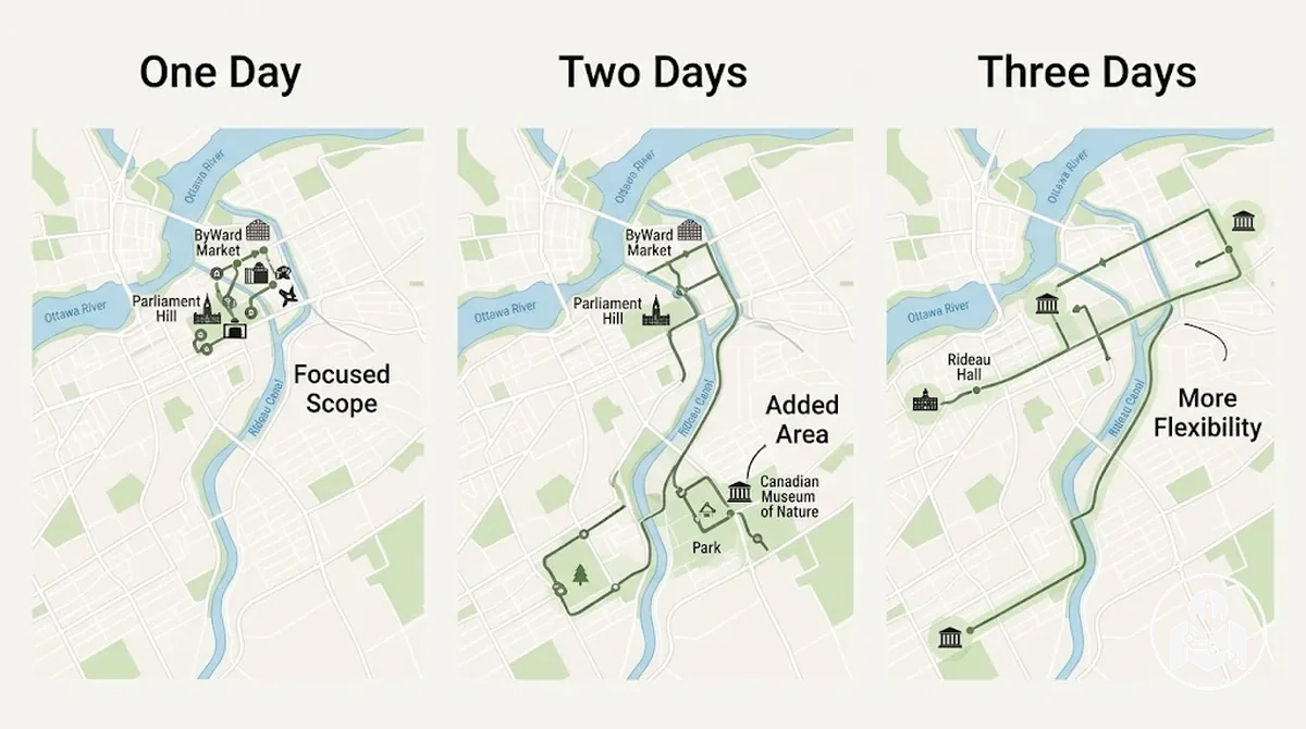 Vergleich des Besichtigungsumfangs in Ottawa für ein, zwei und drei Tage