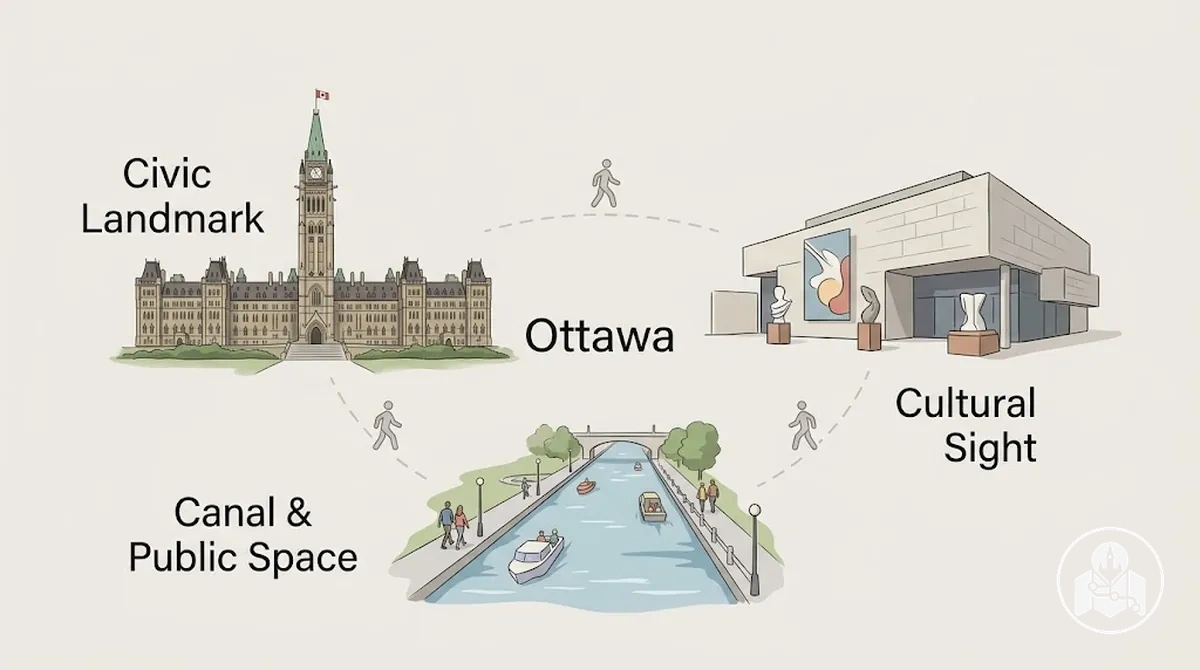 Beispiele für Ottawa-Sehenswürdigkeiten beim ersten Besuch, die städtische, Kanal- und kulturelle Besichtigungsprioritäten zeigen