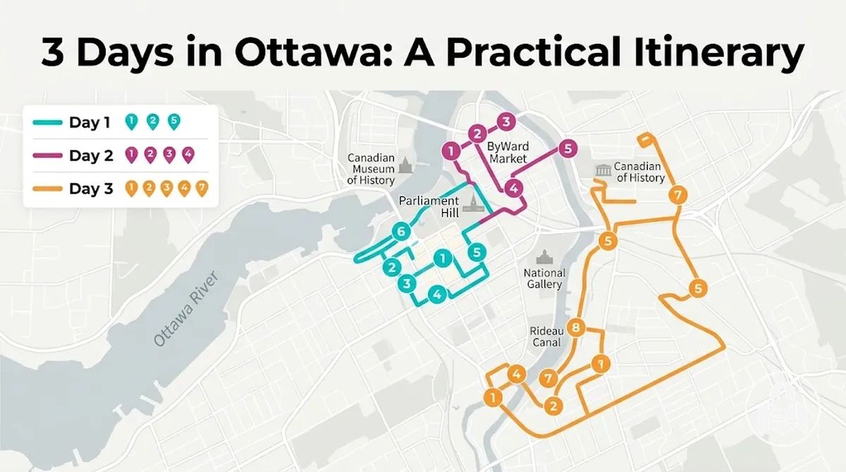 Three day Ottawa itinerary with attractions grouped by day and area