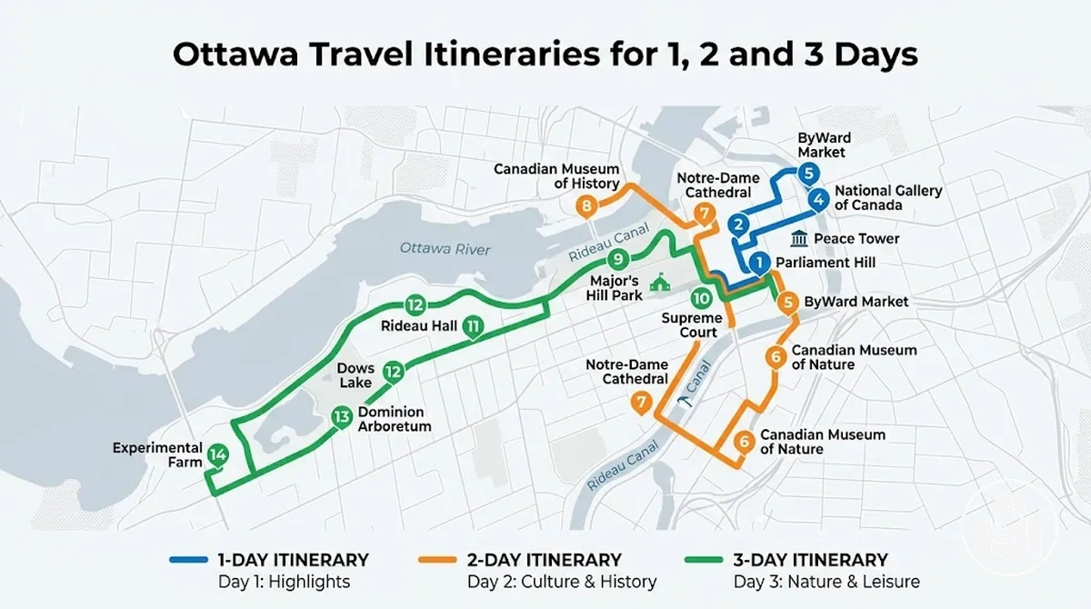 Ottawa map showing routes for one, two and three day itineraries