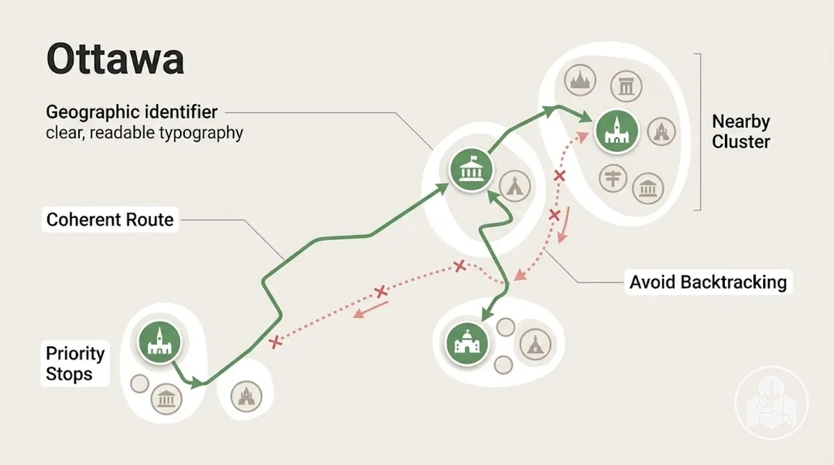 Ottawa sightseeing route diagram grouping nearby attractions to reduce backtracking
