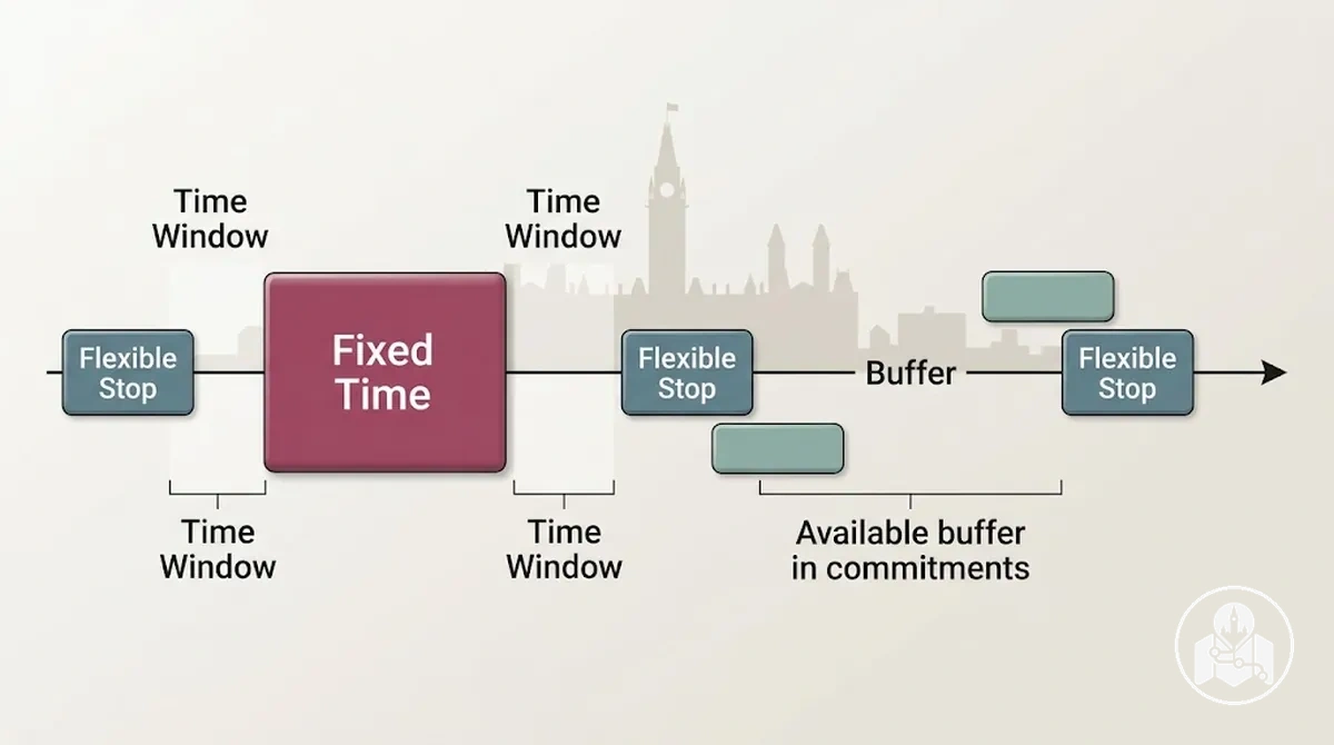 Ottawa itinerary timeline distinguishing fixed-time attractions from flexible sightseeing activities