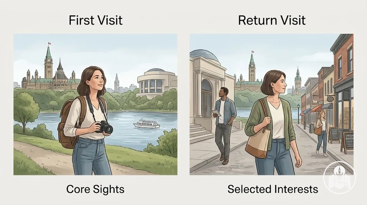 First visit and return visit to Ottawa compared by sightseeing priorities
