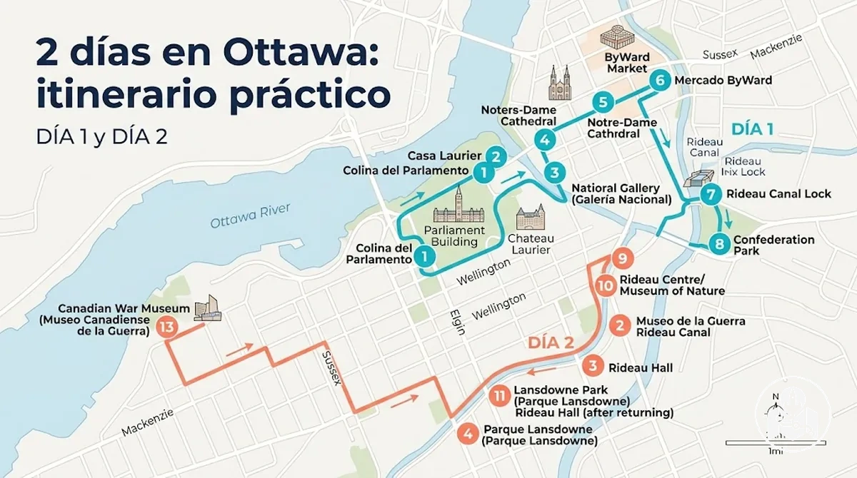 Itinerario de dos días por Ottawa dividido en rutas turísticas diarias