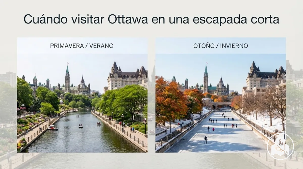 Escena estacional de Ottawa comparando las condiciones para una escapada corta