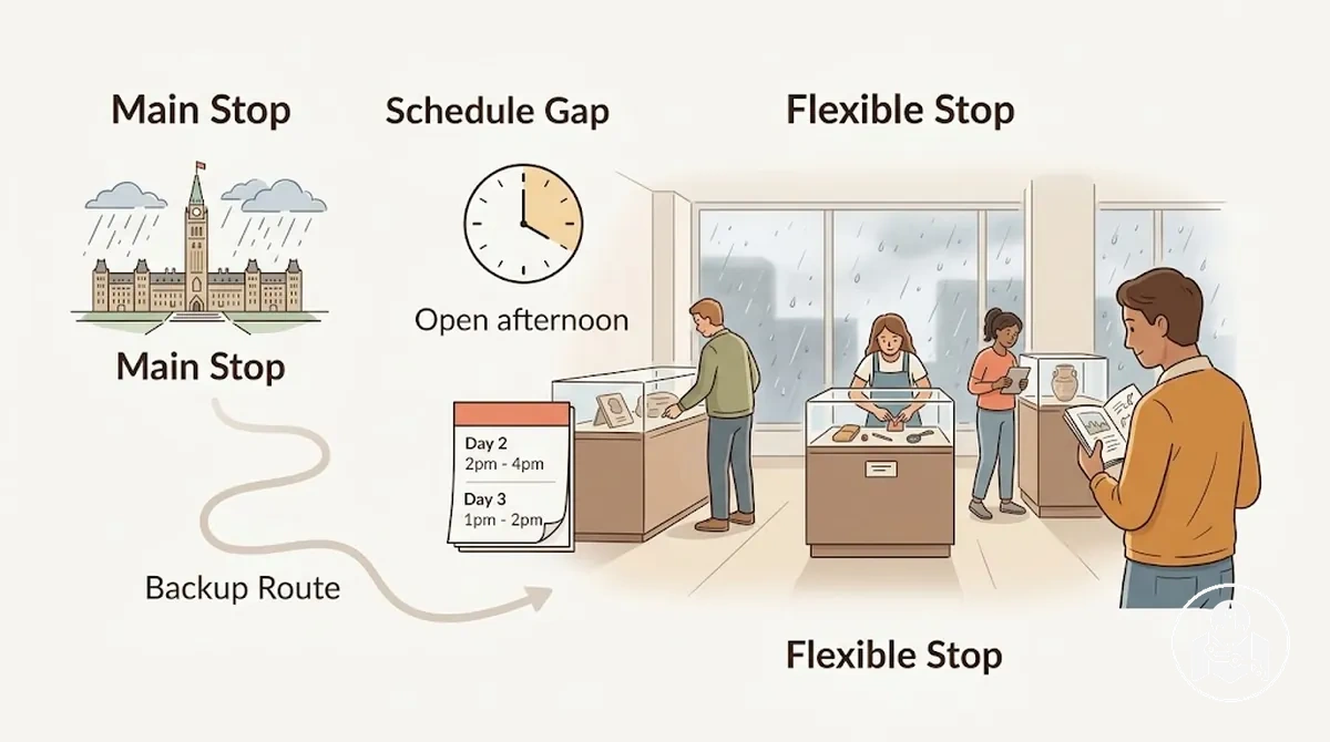 Actividad de interior flexible que cubre un hueco en el horario de un itinerario por Ottawa para un día de lluvia