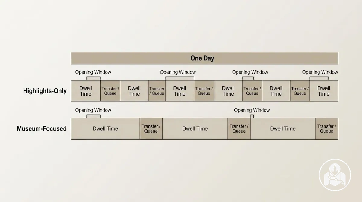 Diagrama de visitas turísticas de un día que muestra cómo el tiempo de permanencia en las atracciones, los traslados y las colas afectan al número factible de paradas principales