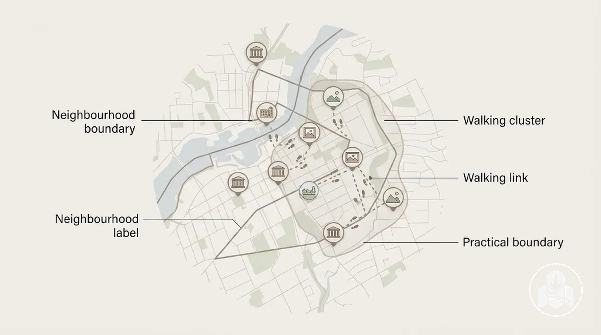 Comparación de una etiqueta de barrio de Ottawa con un grupo práctico de atracciones basado en la proximidad a pie