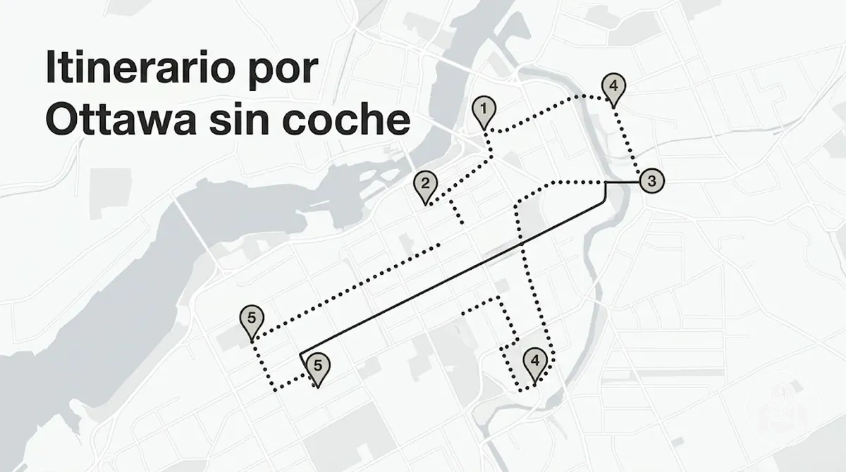 Itinerario por Ottawa sin coche usando trayectos a pie y transporte público entre atracciones