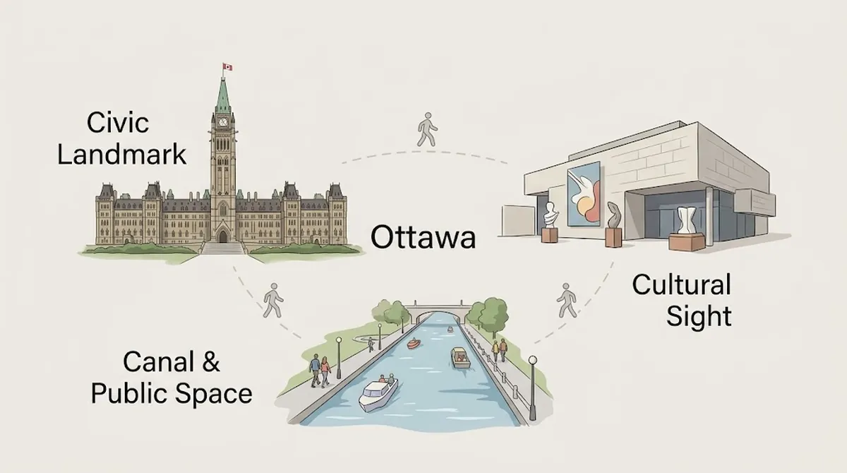 Ejemplos de lugares de interés de Ottawa en una primera visita que representan prioridades de visita cívicas, de canales y culturales