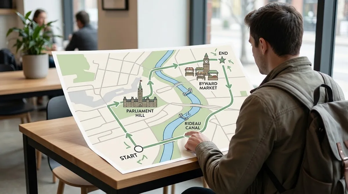 Visitante que elige un punto de partida y una dirección de recorrido para una ruta por el centro de Ottawa