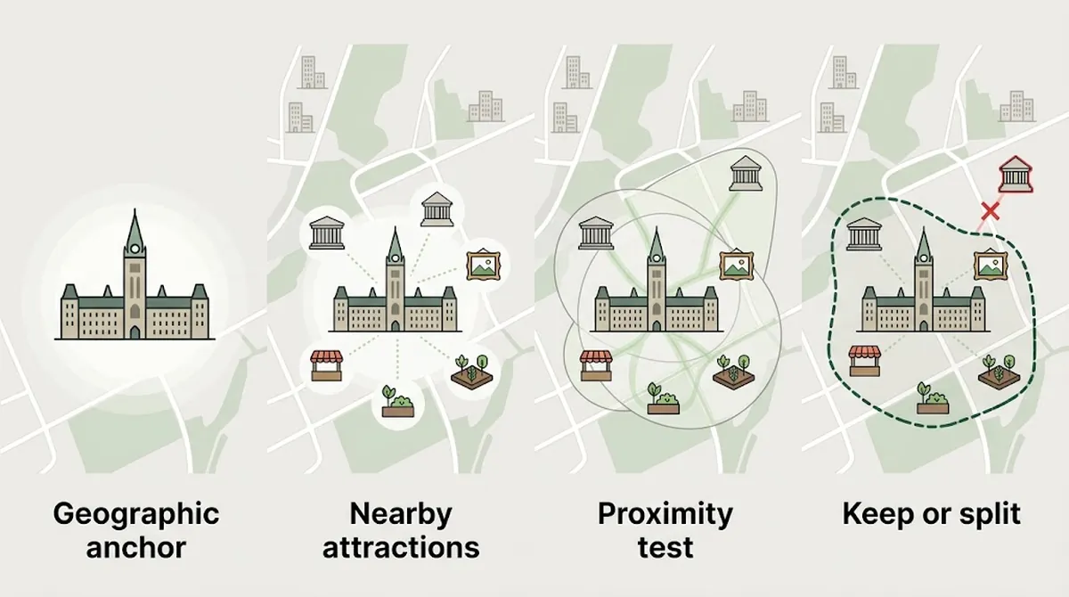 Un diagrama que muestra cómo agrupar atracciones cercanas en grupos prácticos por zonas