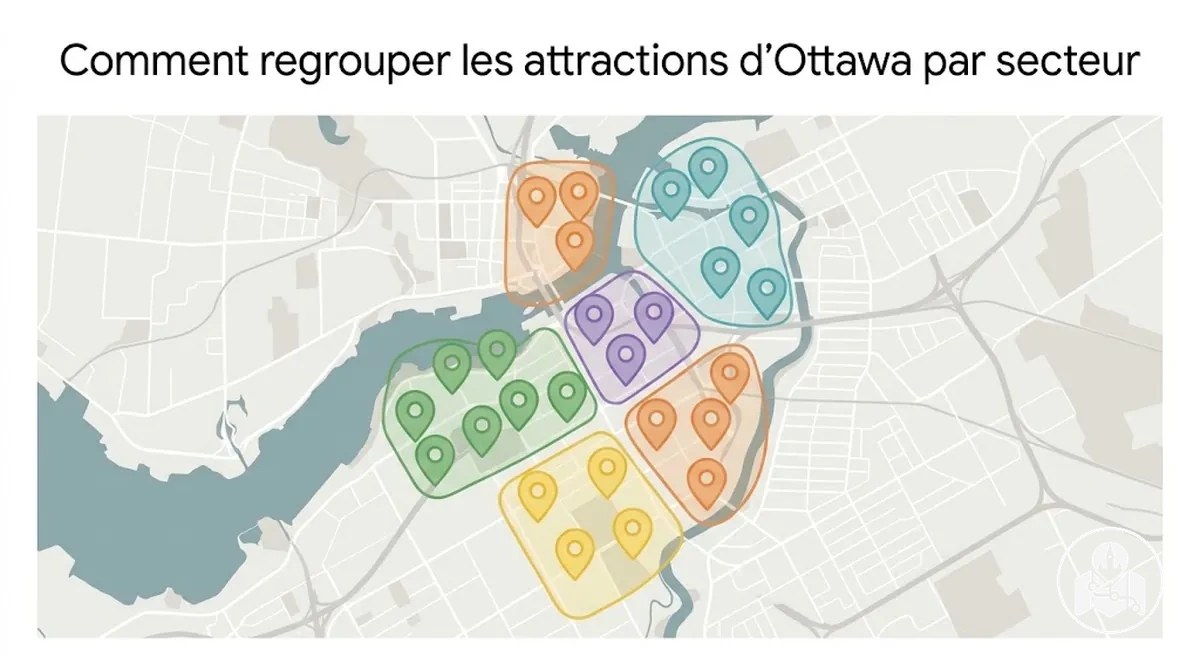 Attractions d’Ottawa regroupées par secteurs touristiques proches sur une carte de la ville
