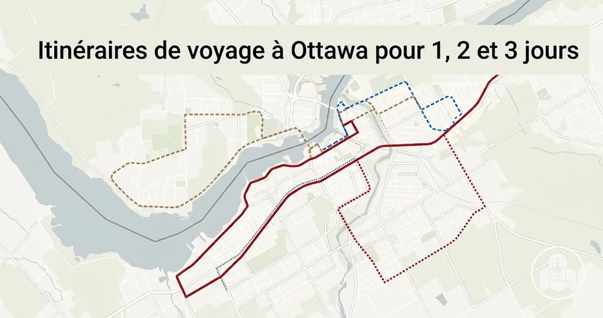Carte d’Ottawa montrant des parcours pour des itinéraires d’un, deux et trois jours