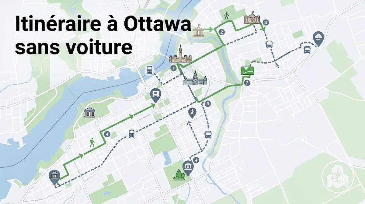Itinéraire à Ottawa sans voiture combinant marche et transports en commun entre les attractions