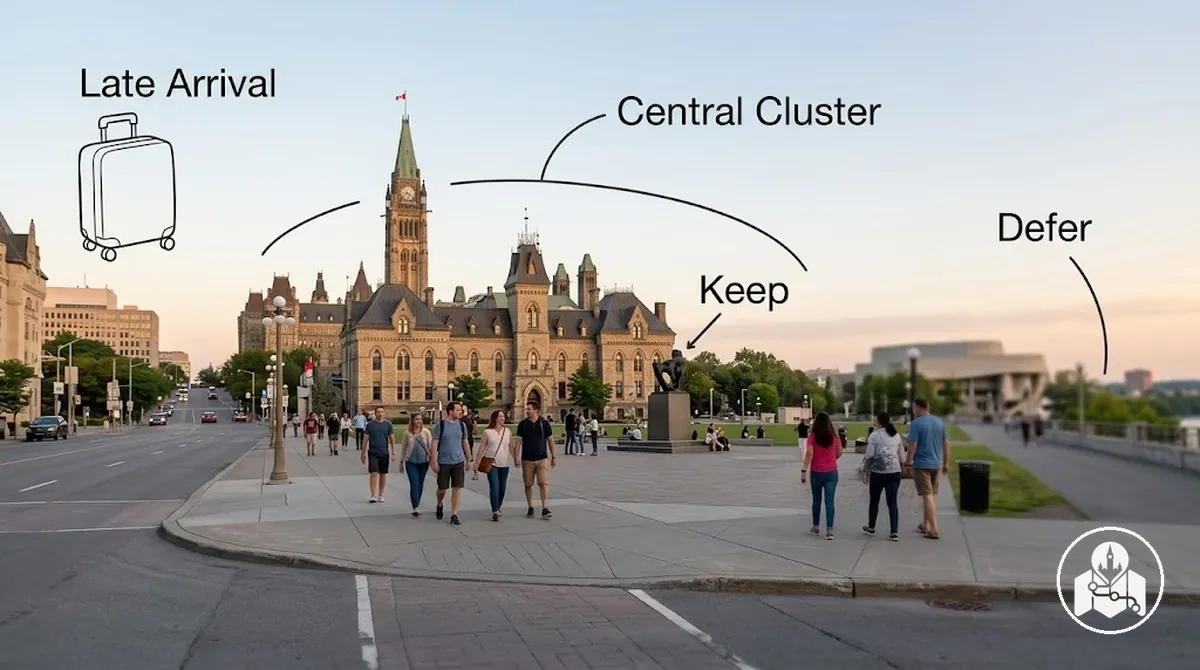 Centre d’Ottawa en soirée pour une première journée raccourcie après une arrivée tardive.