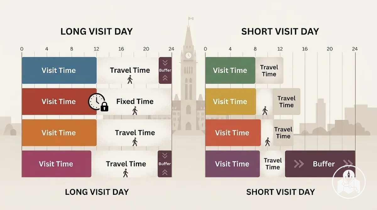 Comparaison de deux journées de visite à Ottawa montrant comment la durée, la distance et le temps tampon modifient le nombre d’attractions réalisables