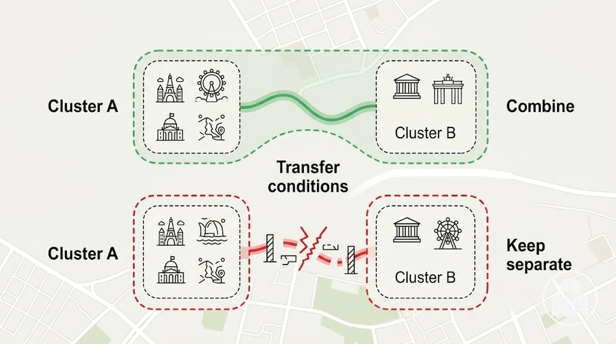 Schéma indiquant quand des groupes d'attractions adjacents à Ottawa peuvent être combinés ou maintenus séparés