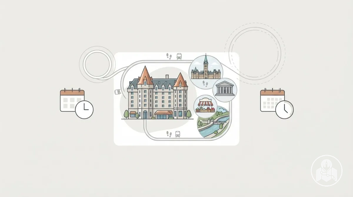 Emplacement d’hébergement à Ottawa illustrant l’effet de la durée du séjour et des trajets quotidiens répétés sur le temps de visite disponible