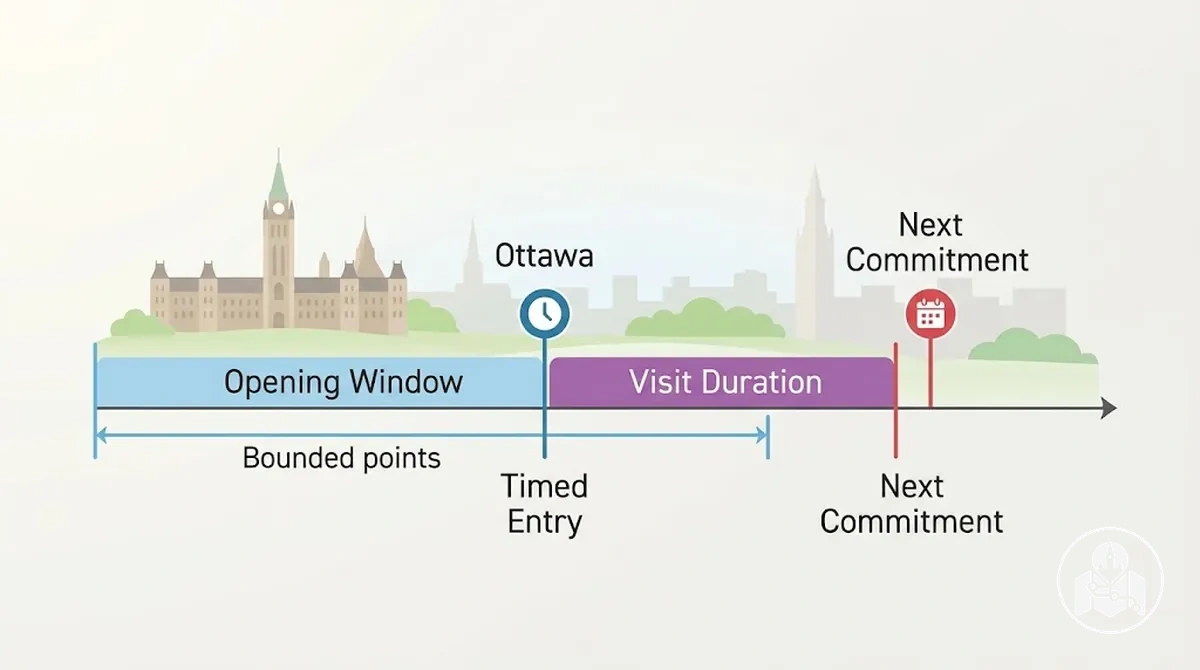 Planification d’attraction à Ottawa annotée montrant la fenêtre d’ouverture, l’entrée à créneau horaire, la durée de visite et l’engagement suivant de l’itinéraire