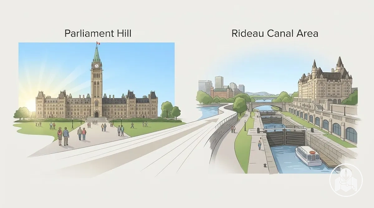 Séquence de visite matinale de la Colline du Parlement vers le secteur proche du canal Rideau dans le centre d’Ottawa