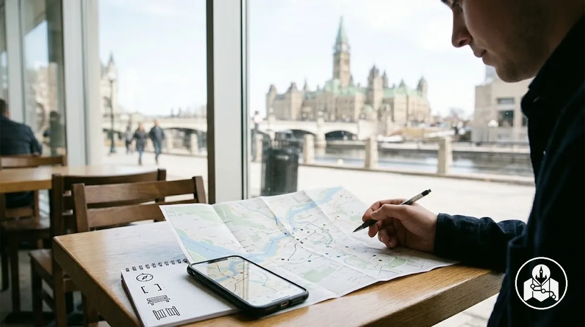 Visiteur préparant un itinéraire à pied dans le centre-ville d’Ottawa avant le départ