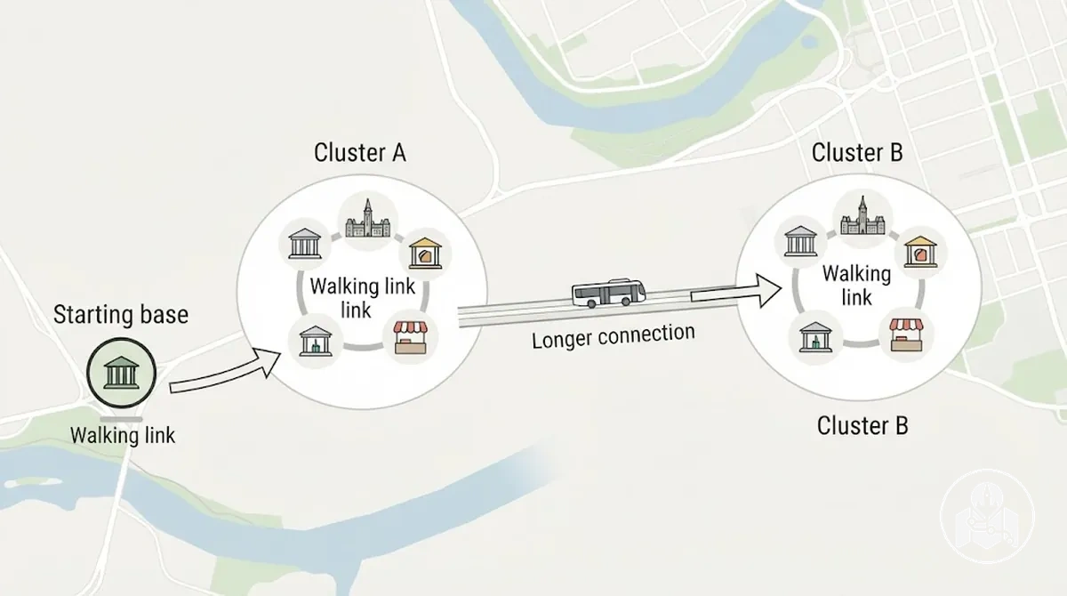 Parcours sans voiture à Ottawa regroupé en secteurs de visite accessibles à pied avec des liaisons plus longues entre les groupes