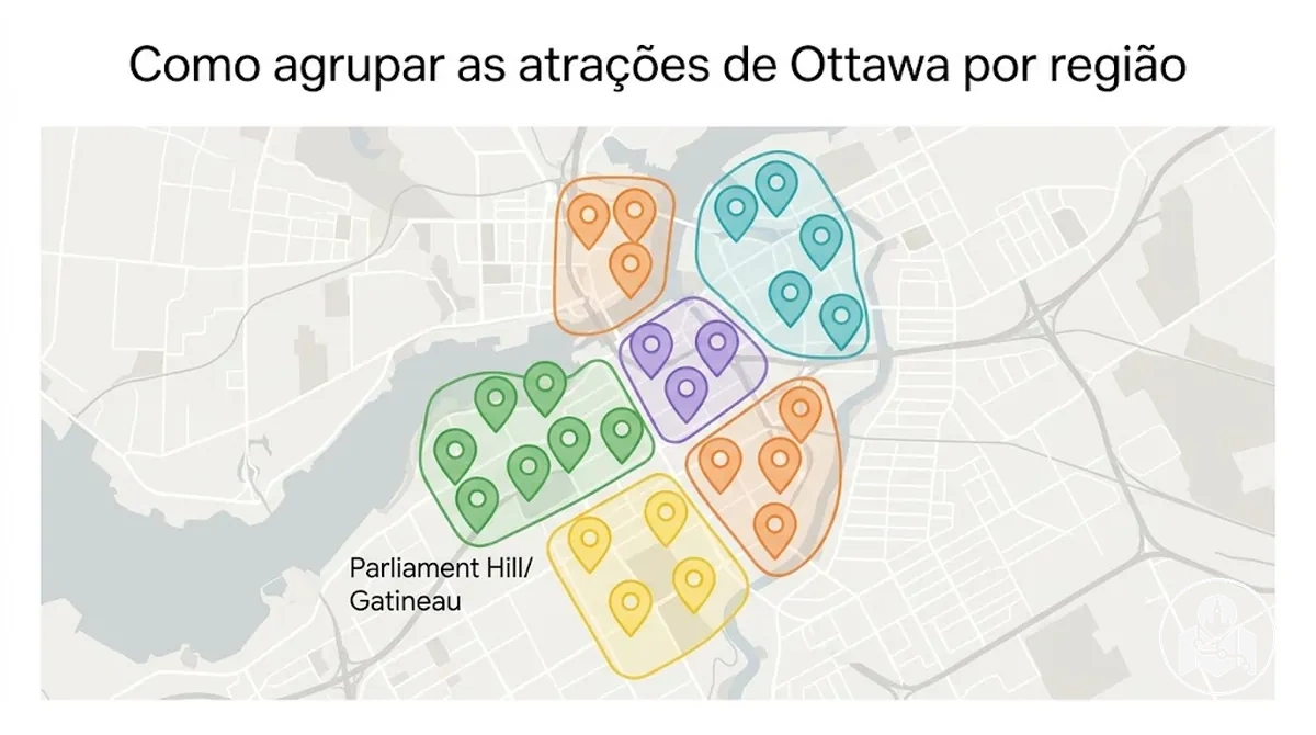 Atrações de Ottawa agrupadas por regiões turísticas próximas em um mapa da cidade