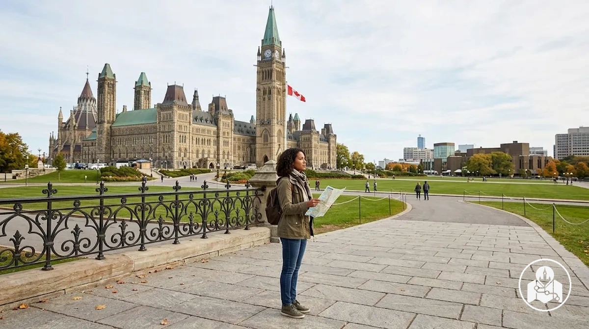 Visitante se orientando na Colina do Parlamento antes de continuar o roteiro a pé pelo centro de Ottawa