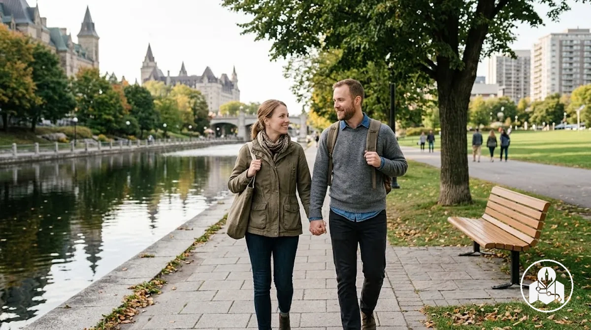 Casal aproveitando uma experiência compartilhada mais lenta entre atividades turísticas em Ottawa.