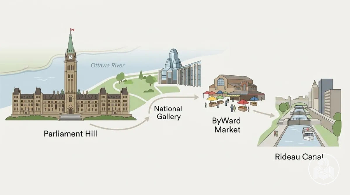 Roteiro do dia 1 em Ottawa conectando a Colina do Parlamento, o ByWard Market e o Canal Rideau