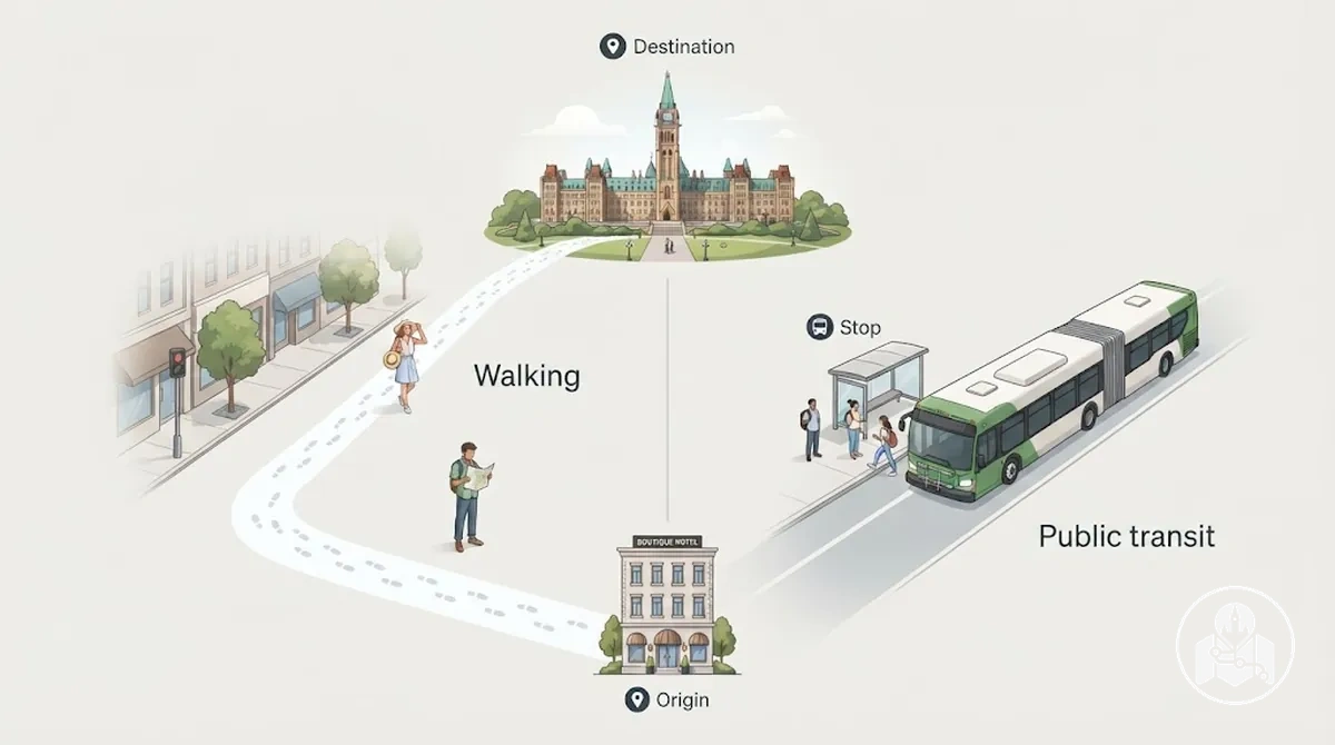 Opções de caminhada e transporte público para o mesmo trajeto turístico em Ottawa.
