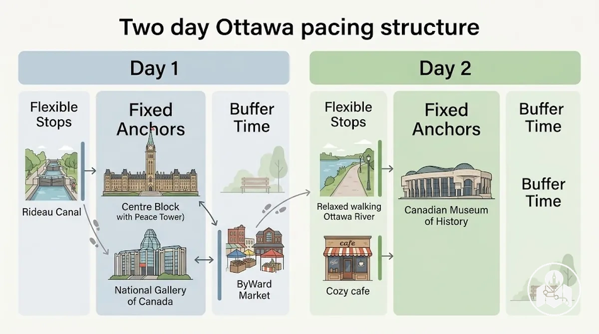 Diagrama de ritmo de dois dias em Ottawa com pontos prioritários, paradas flexíveis e tempo de margem