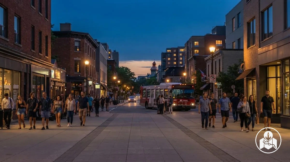 Área de hospedagem central de Ottawa ao entardecer mostrando a rota de pedestres ao redor, iluminação de espaços públicos e contexto de transporte