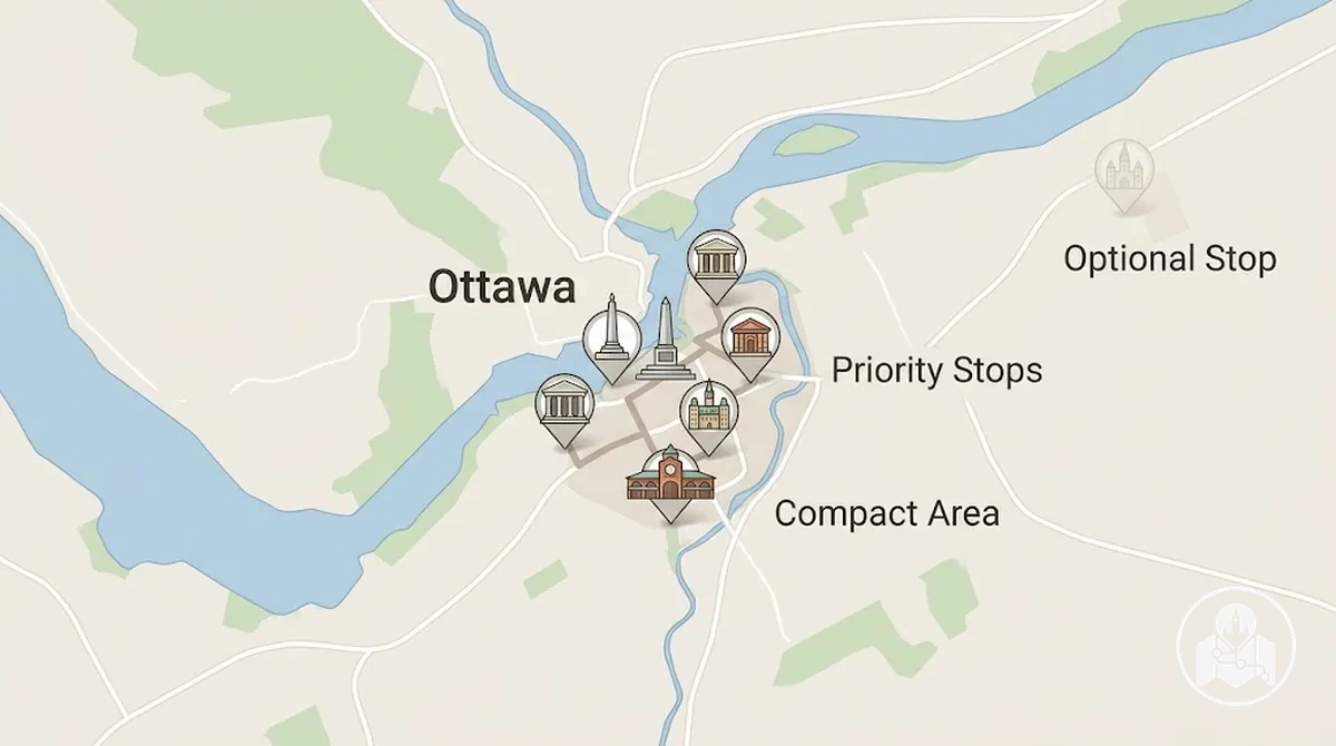 Grupo compacto de atrações turísticas em Ottawa para um dia com paradas prioritárias próximas