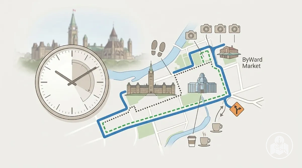 Visitante verificando distância e tempo de caminhada para percurso no centro de Ottawa