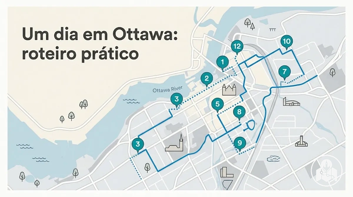 Rota turística de um dia por Ottawa com as principais paradas em sequência