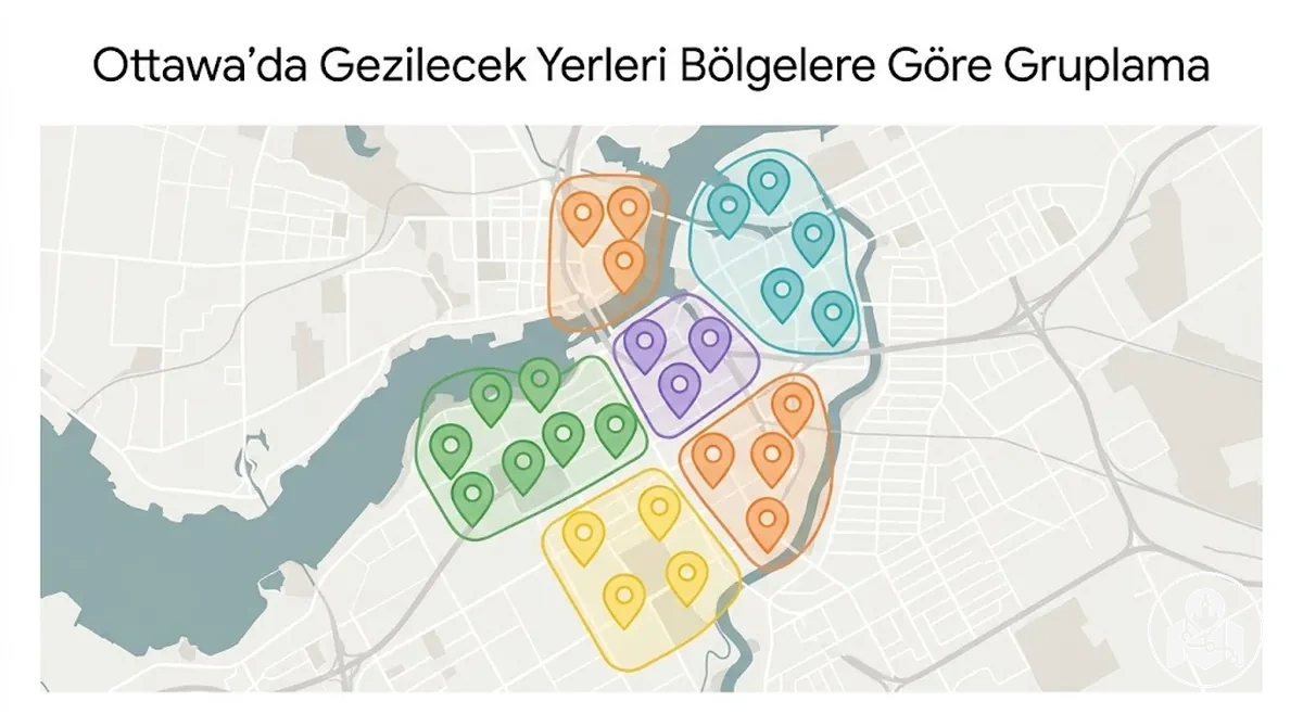 Ottawa'daki gezilecek yerlerin şehir haritasında yakın bölgelere göre gruplandırılması
