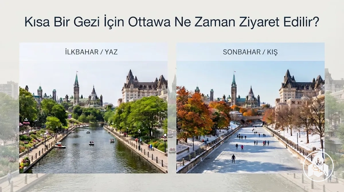 Kısa bir gezi için mevsim koşullarını karşılaştıran Ottawa görüntüsü