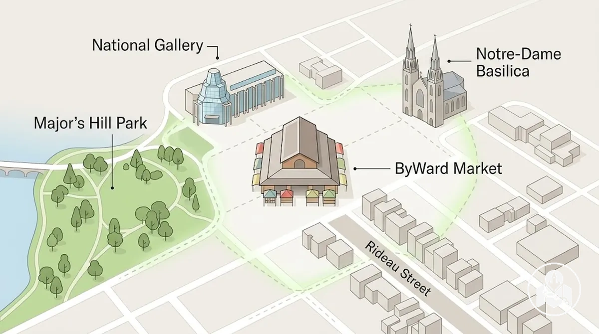 ByWard Market ve yakın gezilecek yerlerin pratik yürüme yakınlığına göre gruplandığını gösteren işaretli Ottawa örneği