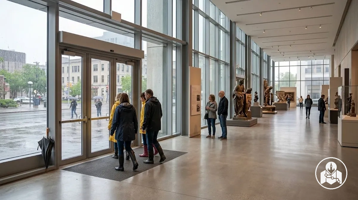 Yağmurlu bir günde kapalı mekân ana durağı olarak kullanılan Ottawa müzesi veya galerisi