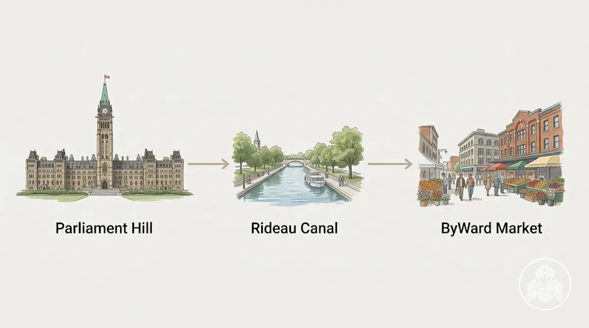 Parliament Hill'den Rideau Kanalı'nın merkez kesimi üzerinden ByWard Market'e uzanan Ottawa şehir merkezi yürüyüş rotası