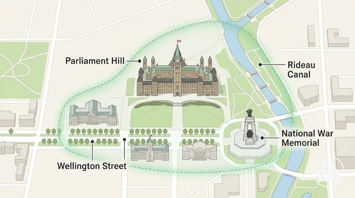 Parliament Hill ve yakınındaki şehir merkezi gezilecek yerlerinin pratik yakınlığa göre gruplandığını gösteren işaretli Ottawa örneği