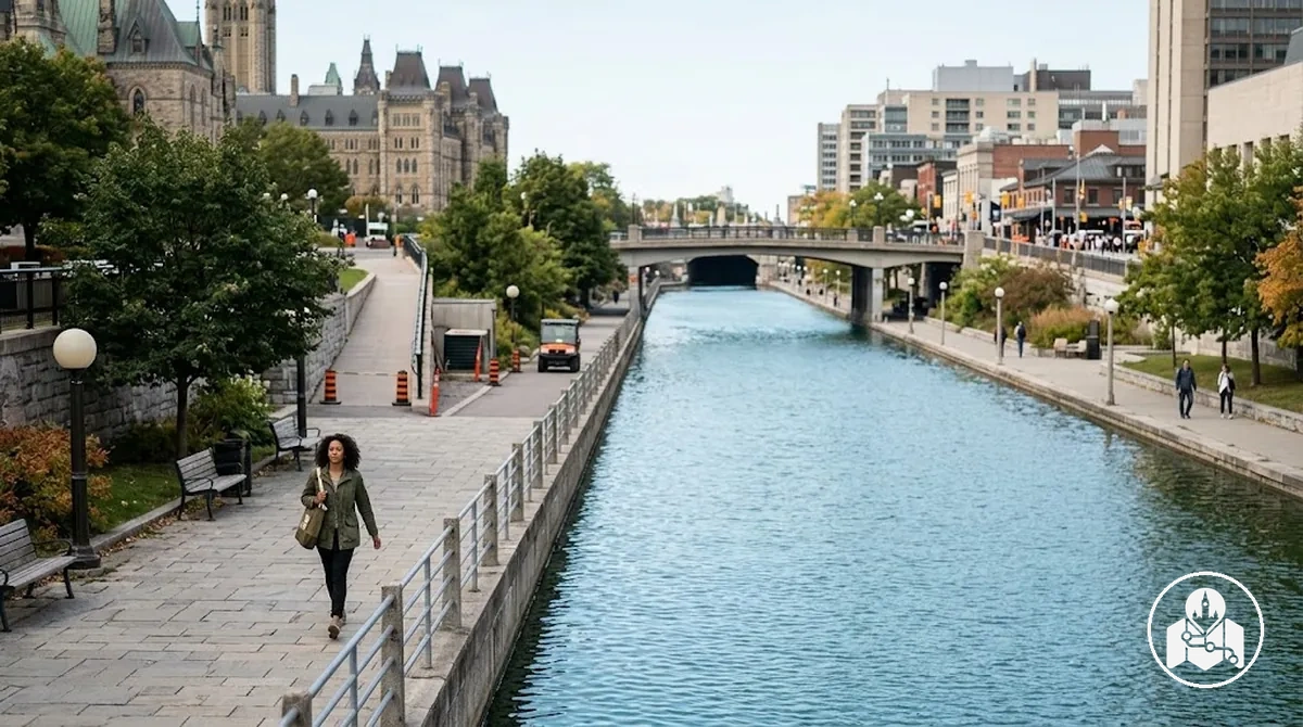 Parliament Hill bölgesini ByWard Market yaklaşımına bağlayan Rideau Kanalı merkez kesimi