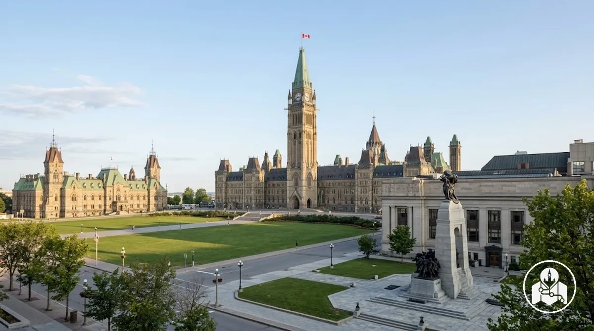 Sabah rotasındaki Parlamento Tepesi ve yakın şehir merkezi Ottawa simge yapıları